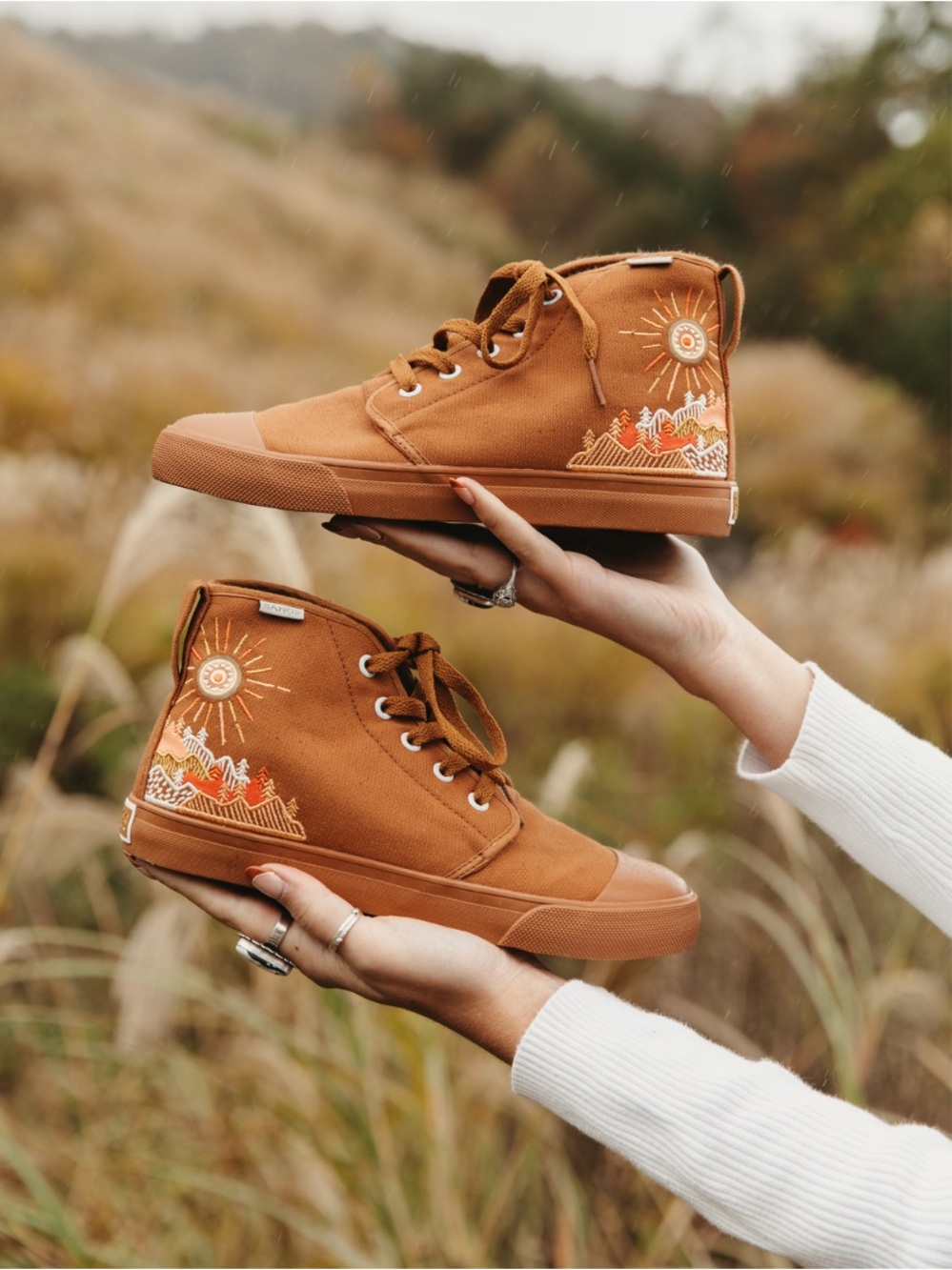 Lace-Up High-Top Boots in Rust with Sunrise Embroidery